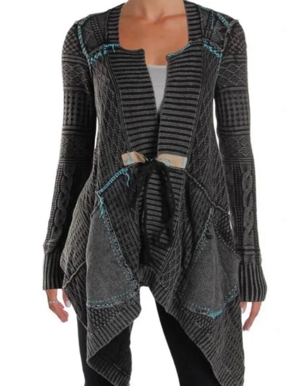 Free People Charcoal Knit Open-Front Cardigan with Teal Stitching Size XS